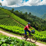 **

"A cyclist rides through a lush Colombian coffee plantation. Rolling green hills covered in coffee plants under a bright sky. Focus on the vibrant colors and sense of peaceful adventure."

**