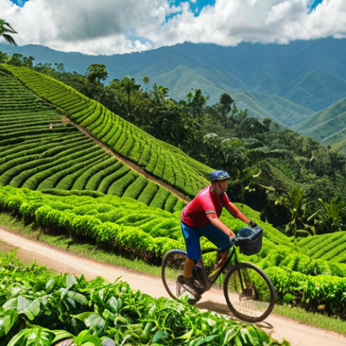 **

"A cyclist rides through a lush Colombian coffee plantation. Rolling green hills covered in coffee plants under a bright sky. Focus on the vibrant colors and sense of peaceful adventure."

**