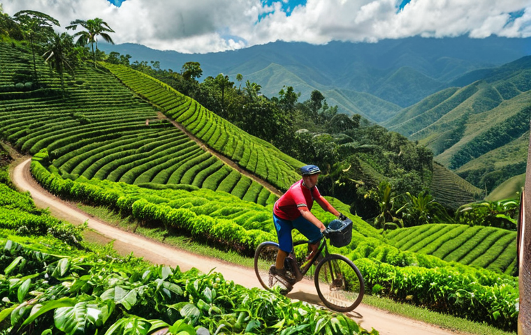 **
"A cyclist rides through a lush Colombian coffee plantation. Rolling green hills covered in coffee plants under a bright sky. Focus on the vibrant colors and sense of peaceful adventure."
**