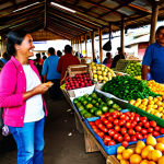 A vibrant, bustling scene inside a traditional Colombian market, similar to Paloquemao. The image captures a wide array of colorful exotic fruits, fresh vegetables, and local produce beautifully displayed in rustic wooden stalls. Several fully clothed individuals, including vendors and customers of diverse ages, are engaging in natural, friendly interactions, browsing the goods with genuine smiles. The lighting is bright and natural, highlighting the freshness and texture of the produce. Professional photography, high detail, realistic textures, vivid colors, safe for work, appropriate content, fully clothed, modest, family-friendly, perfect anatomy, correct proportions, natural pose, well-formed hands, proper finger count, natural body proportions.