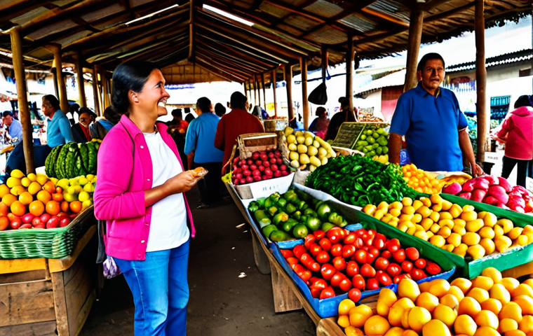 A vibrant, bustling scene inside a traditional Colombian market, similar to Paloquemao. The image captures a wide array of colorful exotic fruits, fresh vegetables, and local produce beautifully displayed in rustic wooden stalls. Several fully clothed individuals, including vendors and customers of diverse ages, are engaging in natural, friendly interactions, browsing the goods with genuine smiles. The lighting is bright and natural, highlighting the freshness and texture of the produce. Professional photography, high detail, realistic textures, vivid colors, safe for work, appropriate content, fully clothed, modest, family-friendly, perfect anatomy, correct proportions, natural pose, well-formed hands, proper finger count, natural body proportions.
