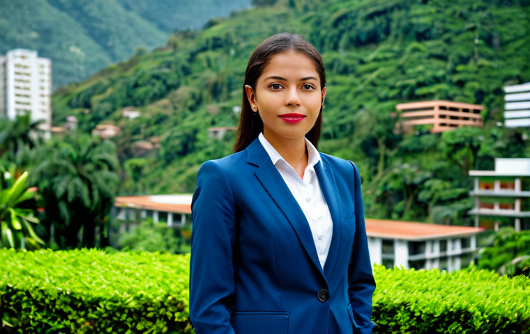 콜롬비아 여행 안전 팁 - Professional Woman in Medellin**
"A confident businesswoman in a modest, tailored suit, standing in...