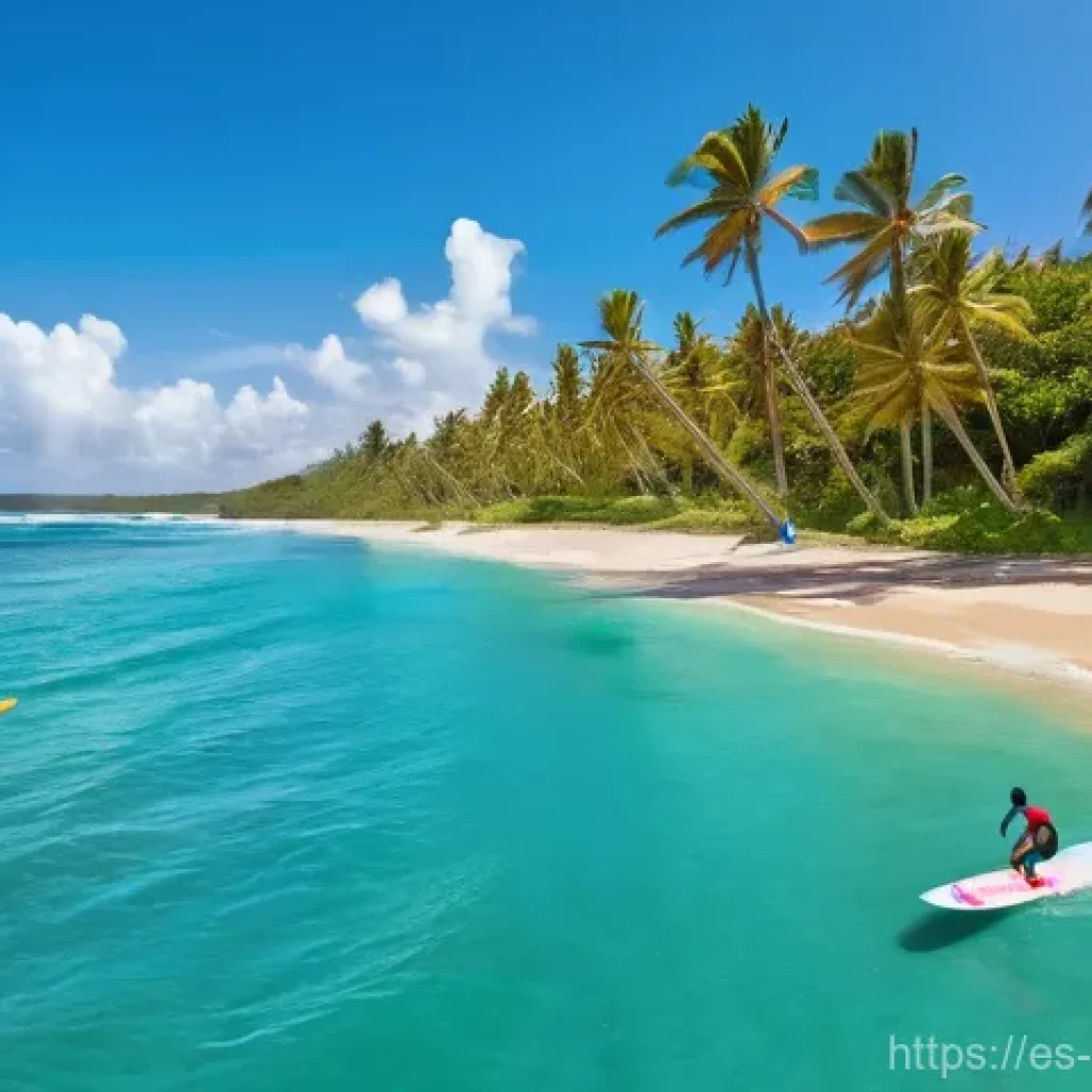 콜롬비아에서 서핑하기 좋은 곳 - **A Vibrant Caribbean Surf Lesson:** A dynamic and colorful scene on a pristine Colombian Caribbean ...