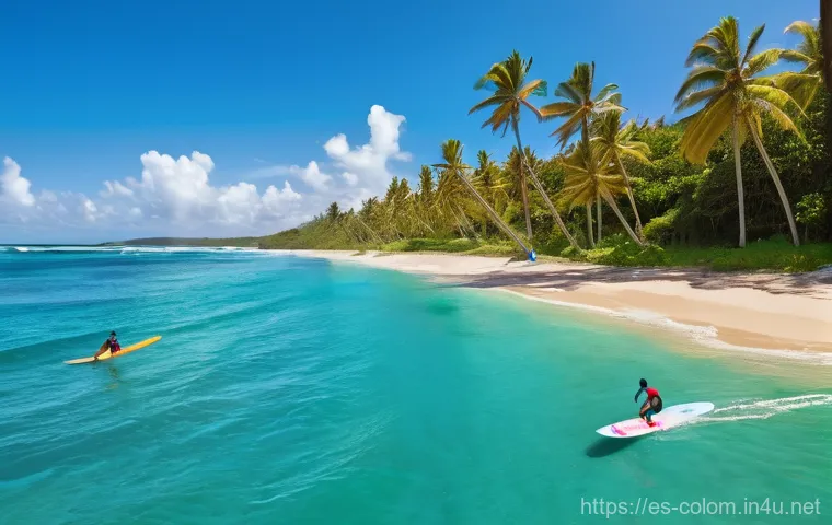 콜롬비아에서 서핑하기 좋은 곳 - **A Vibrant Caribbean Surf Lesson:** A dynamic and colorful scene on a pristine Colombian Caribbean ...
