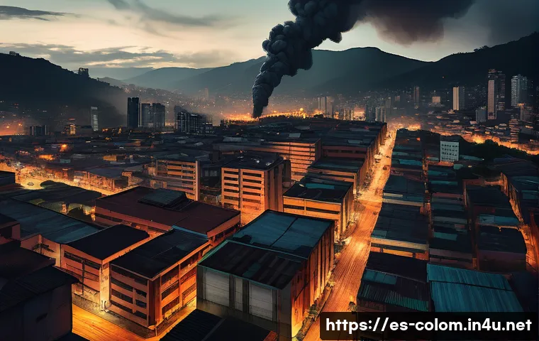 메데인 카르텔 vs 칼리 카르텔 - A detailed and atmospheric digital painting of 1980s Medell&iacute;n cityscape at dusk, showcasing a gritty...