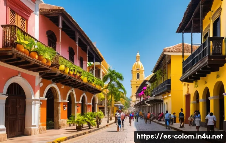 콜롬비아에서의 유네스코 문화유산 - A vibrant street scene in the historic center of Cartagena, Colombia, showcasing colorful colonial b...