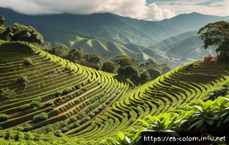 콜롬비아 커피 문화와 체험 - A vibrant traditional Colombian coffee farm scene during harvest season, featuring skilled farmers c...