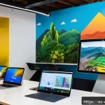 Home 18 콜롬비아 경제 개요 - A vibrant urban startup hub scene in Bogotá, Colombia, showcasing diverse young entrepreneurs collab...